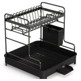 Dish Drying Rack, 1Easylife Small 2-Tier Stainless Steel Dish Rack with Removable Drainboard, Utensil Holder and Rustproof Dish Drainer for Kitchen Counter Cabinet, Black