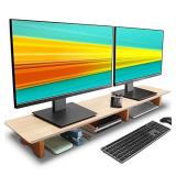 Aothia Large Dual Monitor Stand Riser, Solid Wood Desk Shelf with Eco Cork Legs for Laptop Computer/TV/PC/Printers, Perfect Desktop Stands Organizer with Underneath Storage for Office Accessories