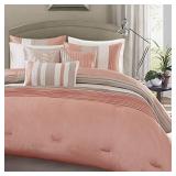 Madison Park Amherst Faux Silk Comforter Set-Casual Contemporary Design All Season Down Alternative Bedding, Matching Shams, Bedskirt, Decorative Pillows, Queen(90"x90"), Coral, 7 Piece (MP10-2320)