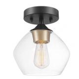 Globe Electric Harrow 1-Light Matte Black Semi-Flush Mount Ceiling Light with Gold Accent Socket and Clear Glass Shade, 60333