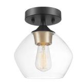 Globe Electric Harrow 1-Light Matte Black Semi-Flush Mount Ceiling Light with Gold Accent Socket and Clear Glass Shade, 60333