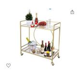 Large Gold Rolling Bar Cart with 2 Mirrored Shelves, Wine Drink Trolley Cart with Lockable Wheels