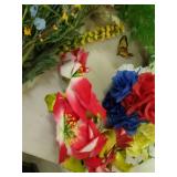 Faux flowers and 2 wicker baskets