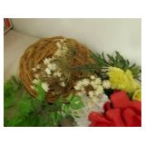 Faux flowers and 2 wicker baskets