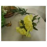 Faux flowers and 2 wicker baskets