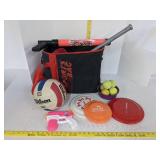 Sports bag w/water guns, tennis balls, footballs, Frisbee & more
