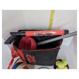 Sports bag w/water guns, tennis balls, footballs, Frisbee & more