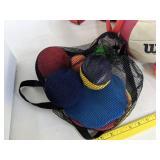 Sports bag w/water guns, tennis balls, footballs, Frisbee & more