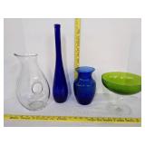 Bromioli Rocco clear glass pitcher, Long neck blue vase, candy dish & blue flower vase