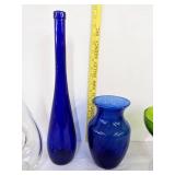 Bromioli Rocco clear glass pitcher, Long neck blue vase, candy dish & blue flower vase