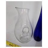 Bromioli Rocco clear glass pitcher, Long neck blue vase, candy dish & blue flower vase