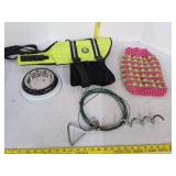 Dog bowl, yard leash, harness & jacket
