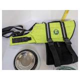 Dog bowl, yard leash, harness & jacket