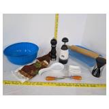 Plastic bowl, salt & pepper shakers, spoon rest, rolling pin & more
