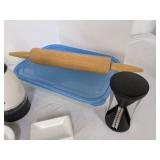 Plastic bowl, salt & pepper shakers, spoon rest, rolling pin & more
