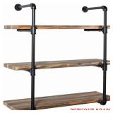 Wall Mountable Wood Shelf With Black Metal Racks, 3 Tier