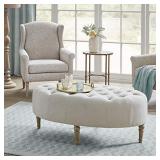 Martha Stewart Clara Coffee Table - Solid Wood Frame, Soft Fabric, Button Tufted, Oval Large Accent Ottoman - Modern Foam Padded Top Footstool Cocktail Living Room Furniture, 48"X26.75"X18.75", Linen