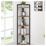 FATORRI Industrial Corner Bookshelf, 5 Tier Tall Corner Bookcase, Wood and Metal Corner Shelf Stand (Rustic Oak)