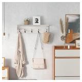 OROPY Rustic Entryway Coat Rack Shelf 23.6" Length, Solid Wood Wall Mounted Coat Rack with 5 Hooks and Display Shelf for Hallway, Bathroom, Living Room, Bedroom, Kitchen Storage, Rustic White