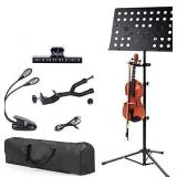 Klvied Sheet Music Stand with Violin Hanger, Folding Music Stand, Portable Fortable Music stand for Sheet Music, Violin Music Stand with Travel Case, Light, Black