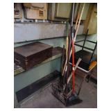 Lot / Metal Crate Full of Long Handled Tools - Metal Shelf and Wood Box