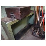 Lot / Metal Crate Full of Long Handled Tools - Metal Shelf and Wood Box