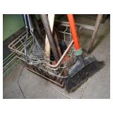 Lot / Metal Crate Full of Long Handled Tools - Metal Shelf and Wood Box