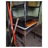 Lot / Metal Crate Full of Long Handled Tools - Metal Shelf and Wood Box