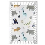 Sweet Jojo Designs Turquiose and Navy Blue Safari Animal Mod Jungle Collection Fitted Mini Portable Crib Sheet
