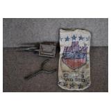 VTG Lot of 3 Metal Destash Lot | Zip-Zip Slingshot Handle, Reading Instrument Co. Lead Weight Maker, and Lead Shot Bag