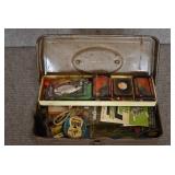 VTG Tackle Box Full of Lures and Fishing Gear | Honey Weiss Bier Bobber, Pocket Knives, Lures and More | 11.5" x 4" x 5"