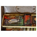 VTG Tackle Box Full of Lures and Fishing Gear | Honey Weiss Bier Bobber, Pocket Knives, Lures and More | 11.5" x 4" x 5"