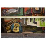 VTG Tackle Box Full of Lures and Fishing Gear | Honey Weiss Bier Bobber, Pocket Knives, Lures and More | 11.5" x 4" x 5"