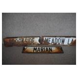 VTG Lot of 3 Black and White Metal Street Signs | Marian, Brookside, Meadow LA | 24" x 6"
