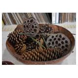 Lot of Pinecones in Decorative Bowl | With Candle Holder