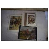 VTG Lot of 3 Print Lithographs | Civil War and Fox Hunting | Largest 10.25" x 13.25"