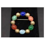 Round Gold Tone Art Glass Stones Brooch