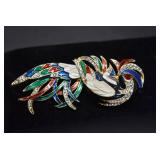 Gold Tone Enamel Rhinestone Bird of Paradise Brooch