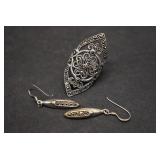 Lot of 2 Sterling Marcasite Ring & Earrings | Size 6