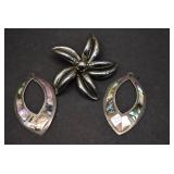Lot of 2 Abalone Earrings & Silvertone Flower Pendant