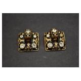 Gold Toned Black Enamel Clip on Earrings