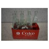 VTG Lot of 8 Coca-Cola Bottles in Carrier | Aqua Glass Bottles | Plastic Carrier | Bottles 11" Carrier 5.5" x 11" x 5.5"