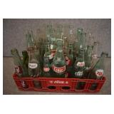 Lot of 30 Various Glass Soda Bottles in Coca-Cola Carrier | RC Cola, Dr. Pepper, Coke, Pepsi and More