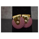 Gold Tone Maroon Ceramic Post Earrings w/ Rhinestone