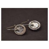 Textured Silvertone Hook Earrings with Brown Stone