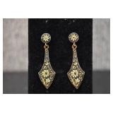 Gold Tone w/ Black Flower Design Dangle Earrings