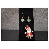 Lot of 2 Gold Tone Christmas Tree Hook Earrings & Santa Clause Brooch