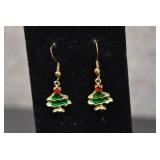 Lot of 2 Gold Tone Christmas Tree Hook Earrings & Santa Clause Brooch