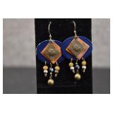 Blue Metal w/ Beads Hook Earrings
