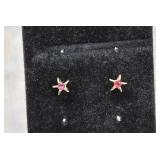 Gold Tone Flower Design w/ Red Rhinestone Post Earrings